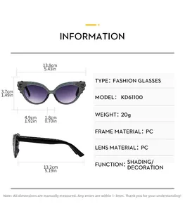 Detailed size specifications for kids cat eye sunglasses with grey glitter PC frame