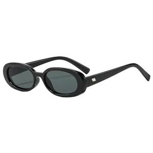 Retro oval black frame sunglasses with dark grey lenses and silver metal temple accents
