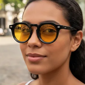 Lunettes De Soleil Rondes Rétro Monture PC Verres AC Protection UV400 Rivet Métallique Vintage Mode Hommes Femmes