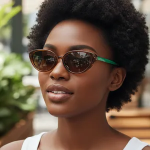 Y2K retro cat-eye sunglasses with brown frames and green temples on model