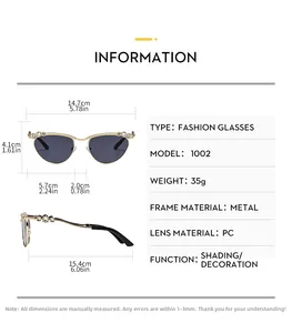 Größentabelle für Y2K-Katzenaugen-Sonnenbrille mit Metallrahmen und Glitzer-Verzierung