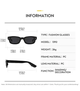 Detailed size specifications and measurements chart for these square frame fashion sunglasses