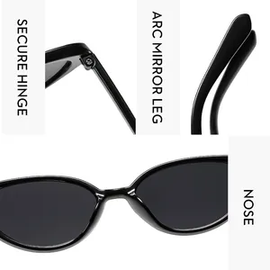 Detail view of cat eye sunglasses with secure hinges and comfortable nose pads
