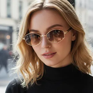 Modern geometric hexagonal metal sunglasses with gold frame and gradient brown lenses