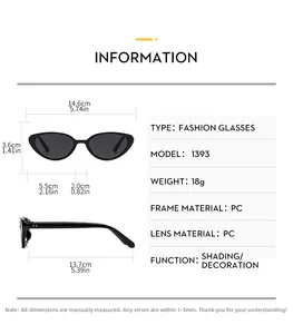 Detailed dimension chart for Y2K cat eye oval sunglasses showing frame sizes and weight