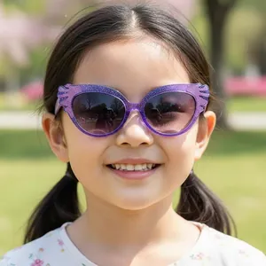 Kids purple cat-eye sunglasses with glitter frame and wing decor for outdoor UV protection
