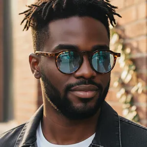 Vintage oval tortoiseshell sunglasses with light blue lenses worn by a model in sunlight