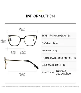 Detailed size chart for square metal frame glasses with measurements in cm and inches