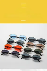 Close-up of polygon metal sunglasses with diverse colorful lenses for fashion street style