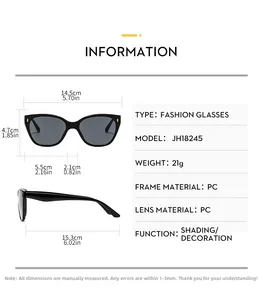 Detailed size specifications for black fashion sunglasses including frame and lens dimensions