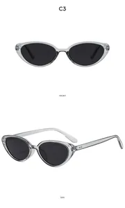 Detailed front and side views of vintage translucent grey cat eye sunglasses with metal dots