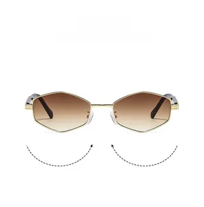 Detailed front view of gold hexagonal sunglasses with vintage brown gradient lenses
