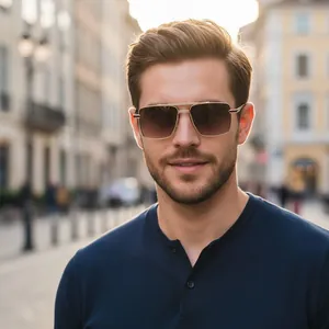 Classic double-bridge square metal sunglasses for men with stylish brown gradient lenses