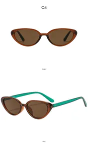 Detailed front and side views of C4 cat-eye sunglasses with brown frames and green lining