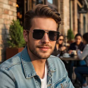 Detail of silver double-bridge square sunglasses with red stripe temple design