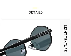 Detailed macro view of black polygonal metal frame with striped temples and silicone nose pads