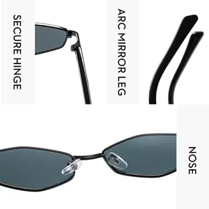 Detail view of secure metal hinges, ergonomic arc legs and nose pads on sunglasses
