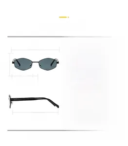 Detailed size chart for polygon sunglasses with frame dimensions in cm and inches