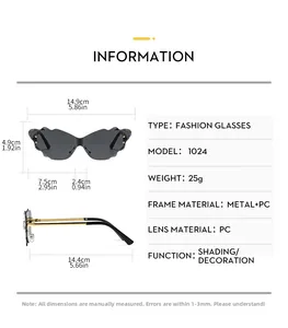 Detailed dimension guide for cloud-shaped rimless sunglasses with metal frame specs