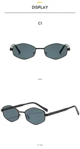 Detailed front and side view of black hexagonal sunglasses with dark grey lenses C1