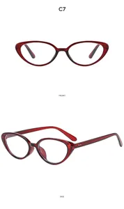 Front and side view of vintage wine red cat eye oval sunglasses with transparent frames