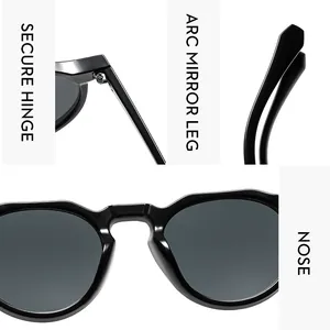 Detail of secure hinge, arc mirror leg and integrated nose pads on black oval sunglasses