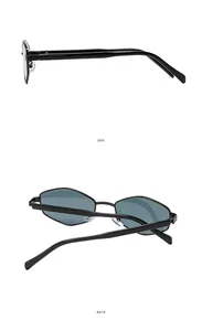 Detail view of black polygon sunglasses frames showing side and back hinge structure