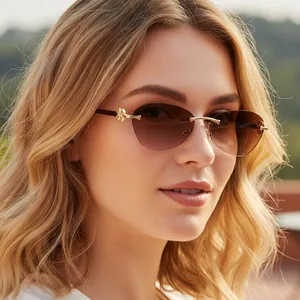 Rimless Sunglasses Metal Wood Grain Temples Gradient PC Lenses UV400 Protection Retro Fashion Women Outdoor Eyewear