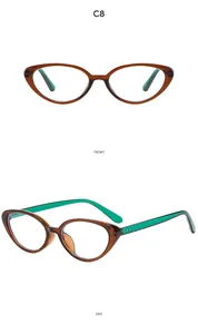 Detailed front and side views of brown translucent cat-eye sunglasses with green arms
