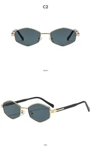 Front and side view of gold hexagonal metal sunglasses with dark gray lenses