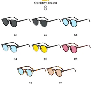Detailed grid of oval vintage sunglasses available in 8 varied frame and lens colors