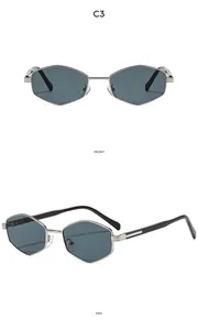 Front and side view of silver metal hexagonal sunglasses with dark gray lenses