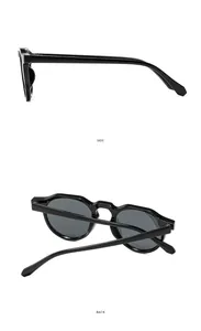 Detailed side and back views of retro oval sunglasses with premium black frames