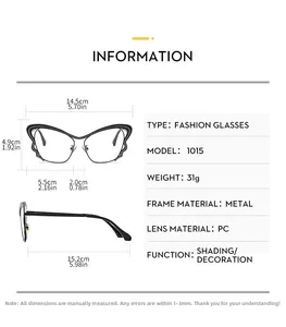 Detailed size specification and measurements for butterfly frame blue light blocking glasses