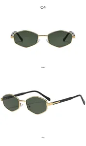 Front and side view of gold hexagonal sunglasses with dark green lenses and black temples