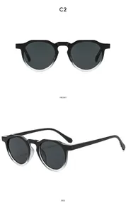 Front and side view of retro oval sunglasses with black and transparent frame, C2 color