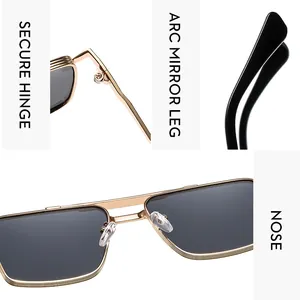 Detail of golden metal frame with secure hinges and comfortable nose pads for retro sunglasses
