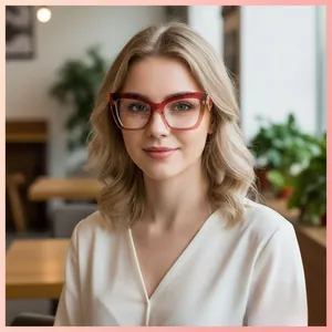 Close-up of red gradient cat eye glasses frame on model in a soft cafe setting