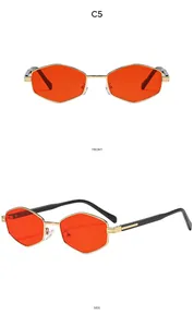 Front and side views of gold polygon sunglasses with orange lenses and black temples