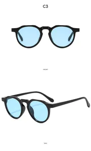 Front and side views of vintage oval sunglasses with black frames and light blue lenses