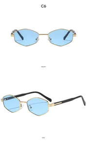 Detailed front and side views of gold hexagonal metal sunglasses with light blue lenses