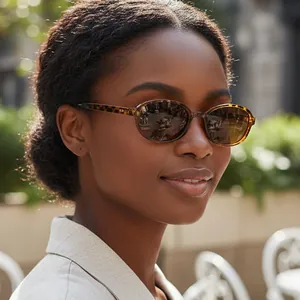 Retro oval tortoiseshell sunglasses with brown lenses worn by model in an outdoor setting
