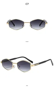 Detailed front and side view of gold hexagonal sunglasses with gradient lenses