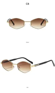 Front and side views of gold polygon sunglasses with brown gradient lenses C8