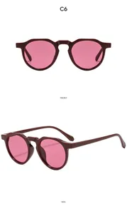 Detailed front and side views of oval burgundy sunglasses with pink lenses