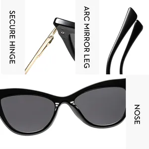 Detailansicht der Cateye-Sonnenbrille mit goldenen Metallscharnieren und Brillenbügeln