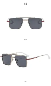 Front and side views of double bridge square metal sunglasses with red temple detail