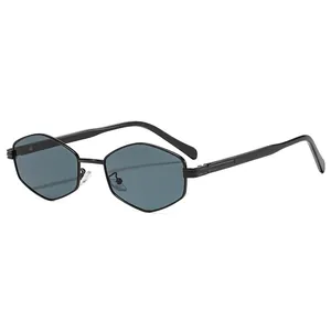 Modern hexagonal black metal sunglasses with dark gray lenses for daily sun protection