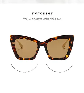 Close-up of tortoise shell cat-eye sunglasses with amber lenses and brand logo