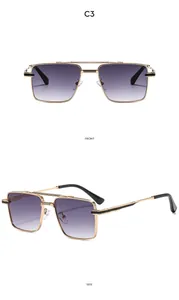 Front and side views of double-bridge square sunglasses with gold metal frames and purple lenses